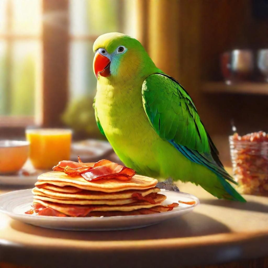 Quaker Parrot's Breakfast: Bacon and Pancakes in Digital Art