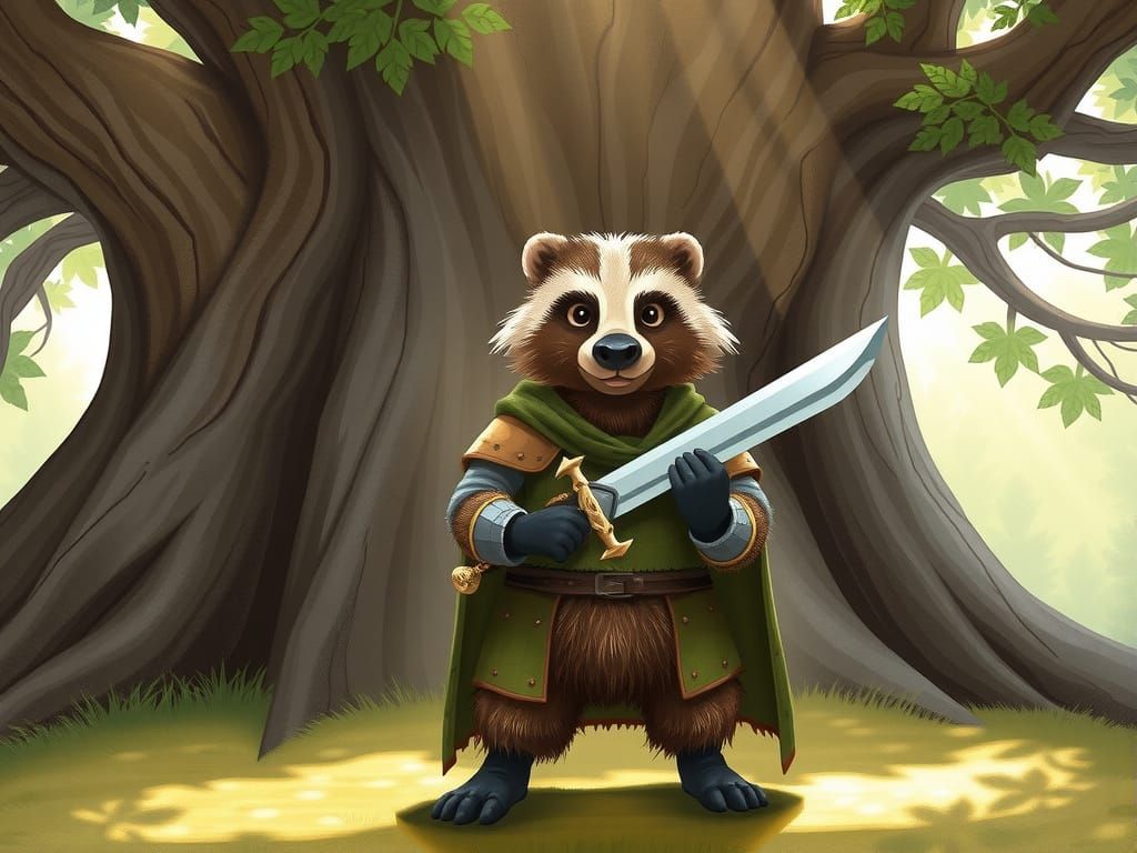 Whimsical Badger Knight in Patched Armor, Standing Guard