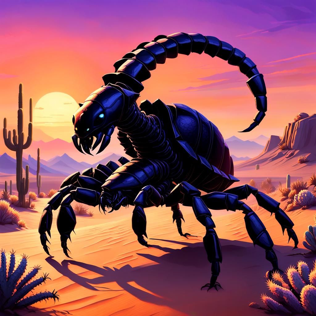 Giant Black Scorpion Crawling Across Desert: 3D Digital Art