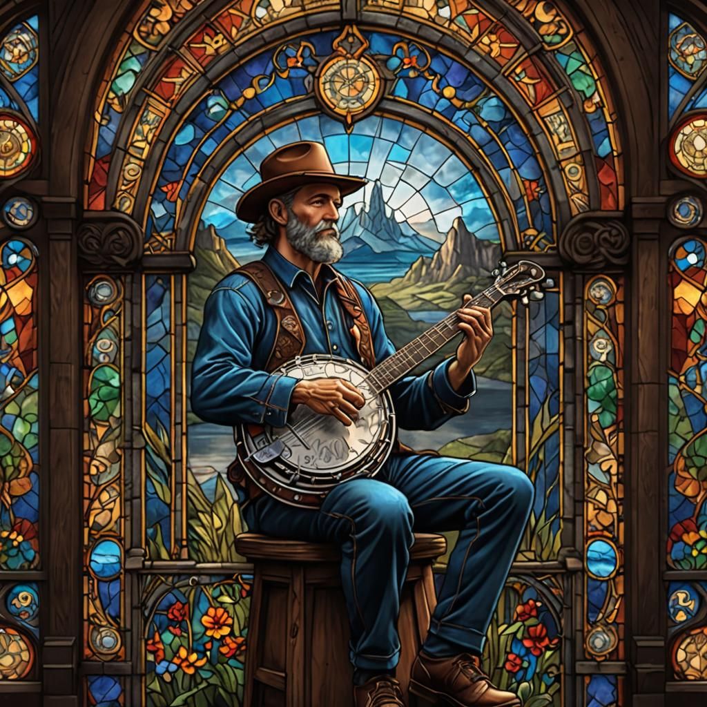 Stained Glass Banjo Player: Detailed Matte Painting