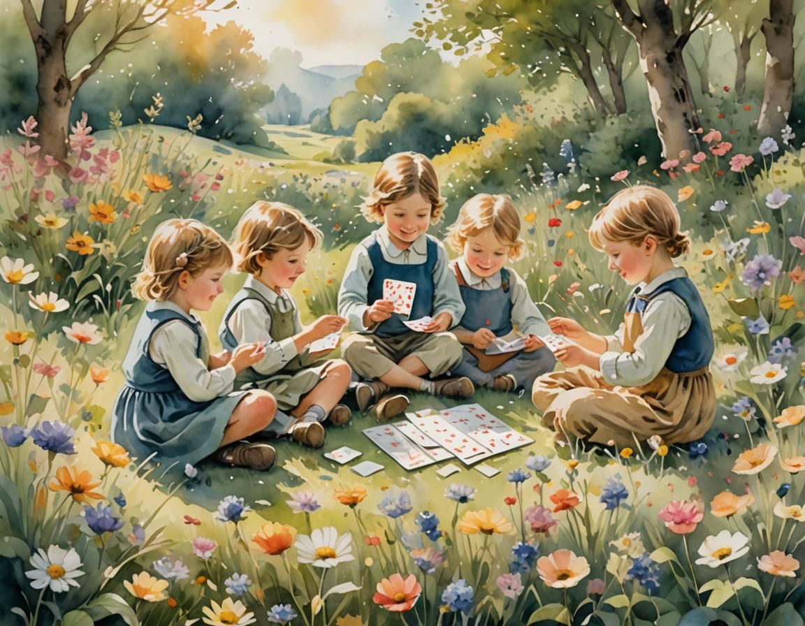Children's Card Game: Whimsical Watercolor Meadow Scene
