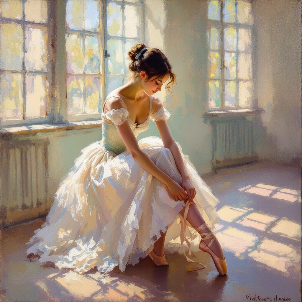 Ballerina Tying Shoes in Sunlit Studio as Monet Oil Painting