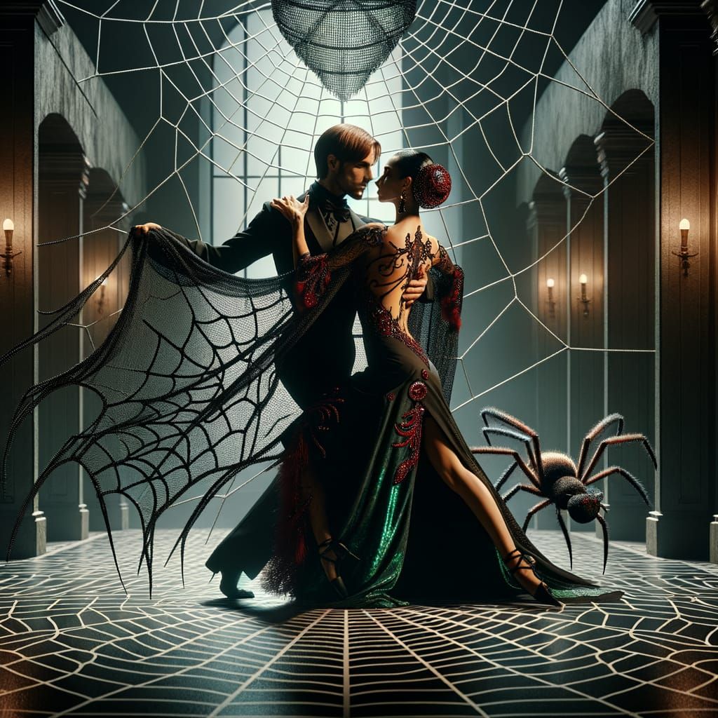 A dramatic tango scene featuring a woman inspired by a spider and a man inspired by a fly, dancing together on a dimly l...