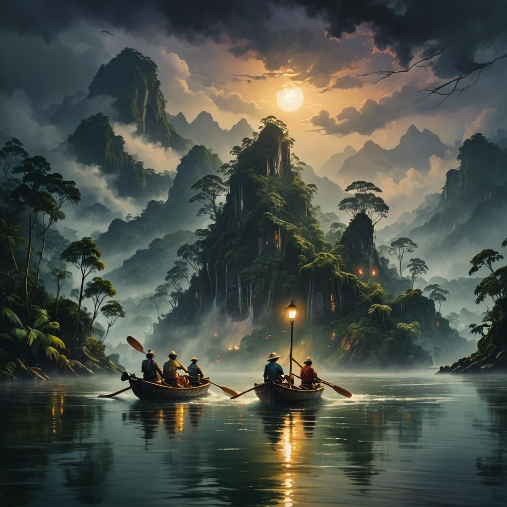 Lantern Lit Boat on Misty Amazon River