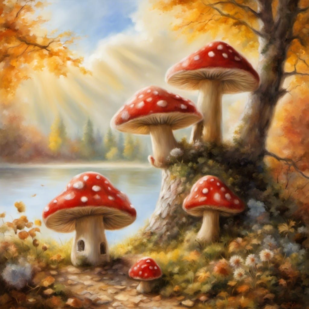 Autumn Lakeside Scene with Fairy Toadstool House