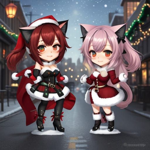 A Charming Christmas Duet of Chibi Cat Girls