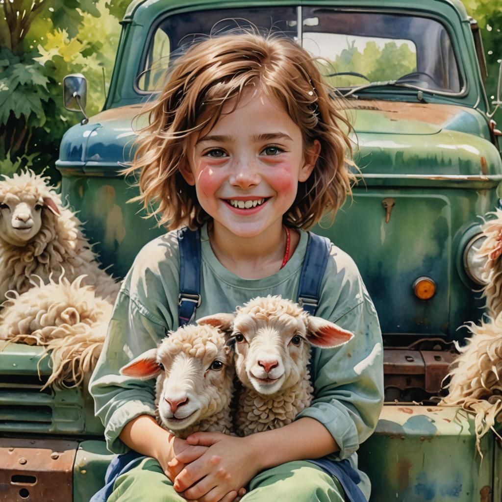 Little Girl Laughing with Lamb, 3D Watercolor Portrait