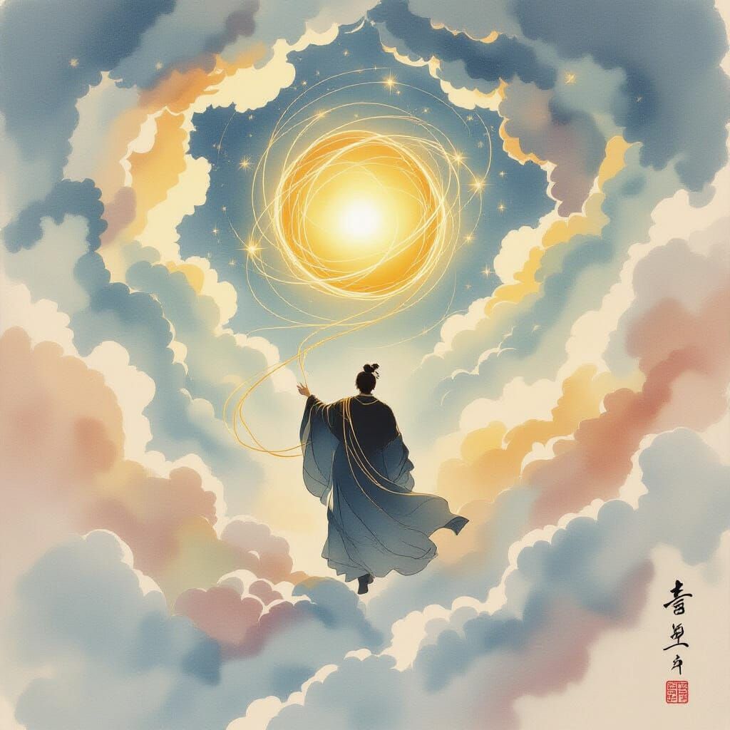 Ascension Through Iridescent Clouds: An Ink Wash Dream