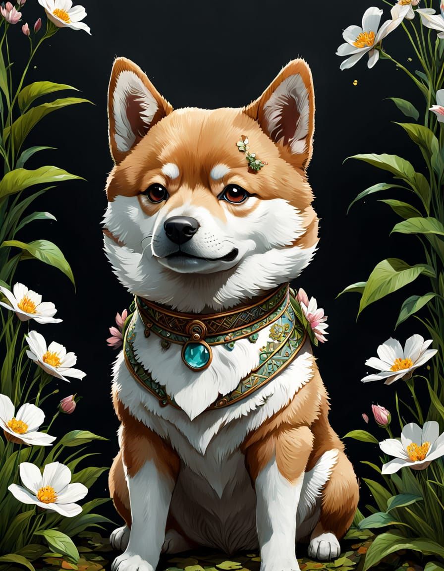 Whimsical Springtime Shiba Inu in Watercolor Style