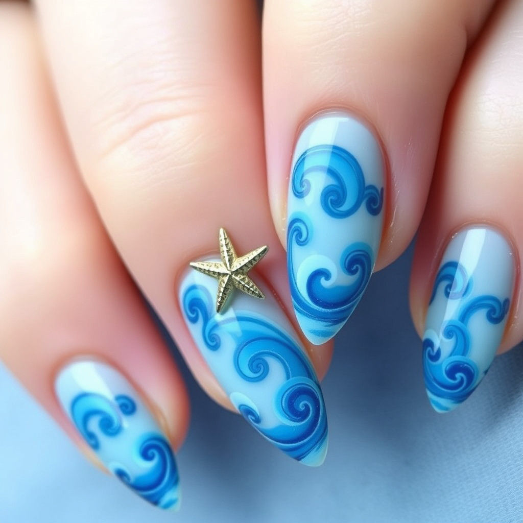 Blue Wave Nail Design with Starfish Charm