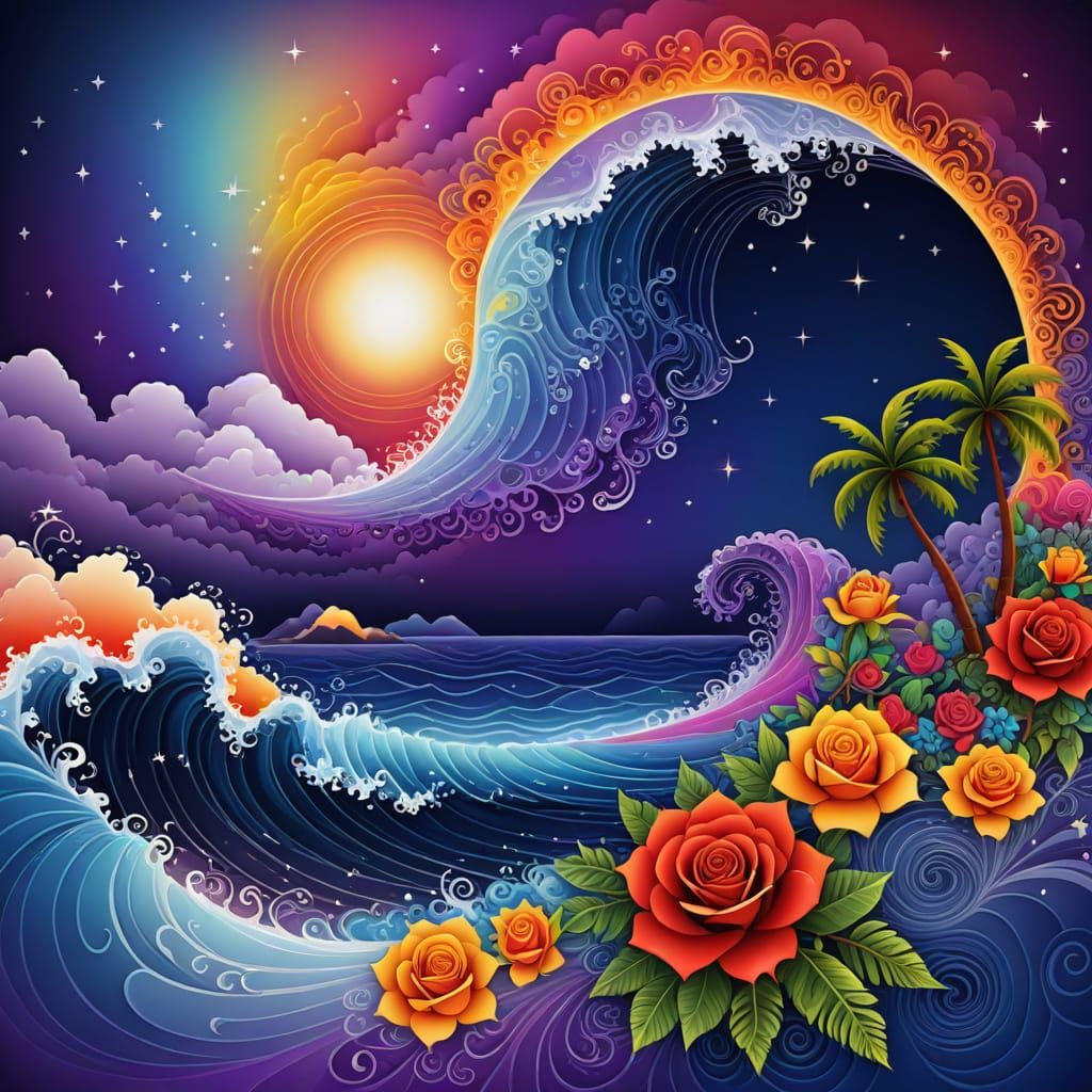 Vivid Rose Mandala with Island and Aurora