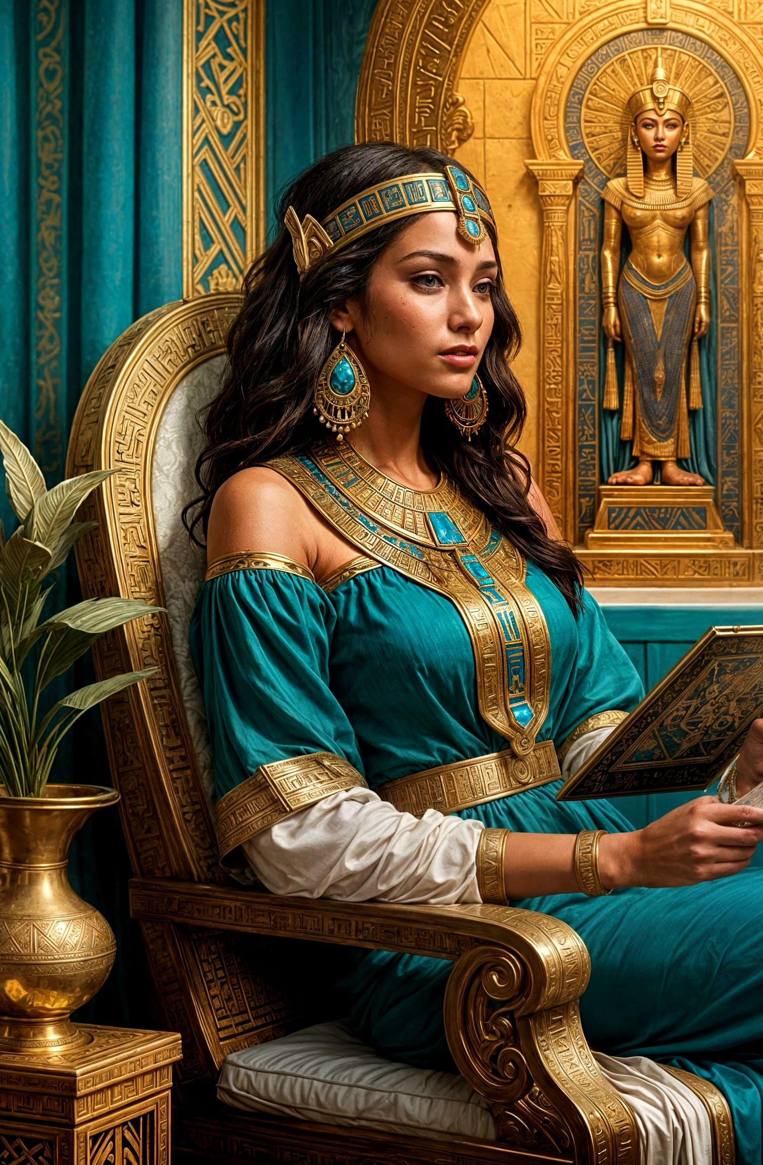 Egyptian Woman Reading Tablet: Hyperdetailed Digital Art