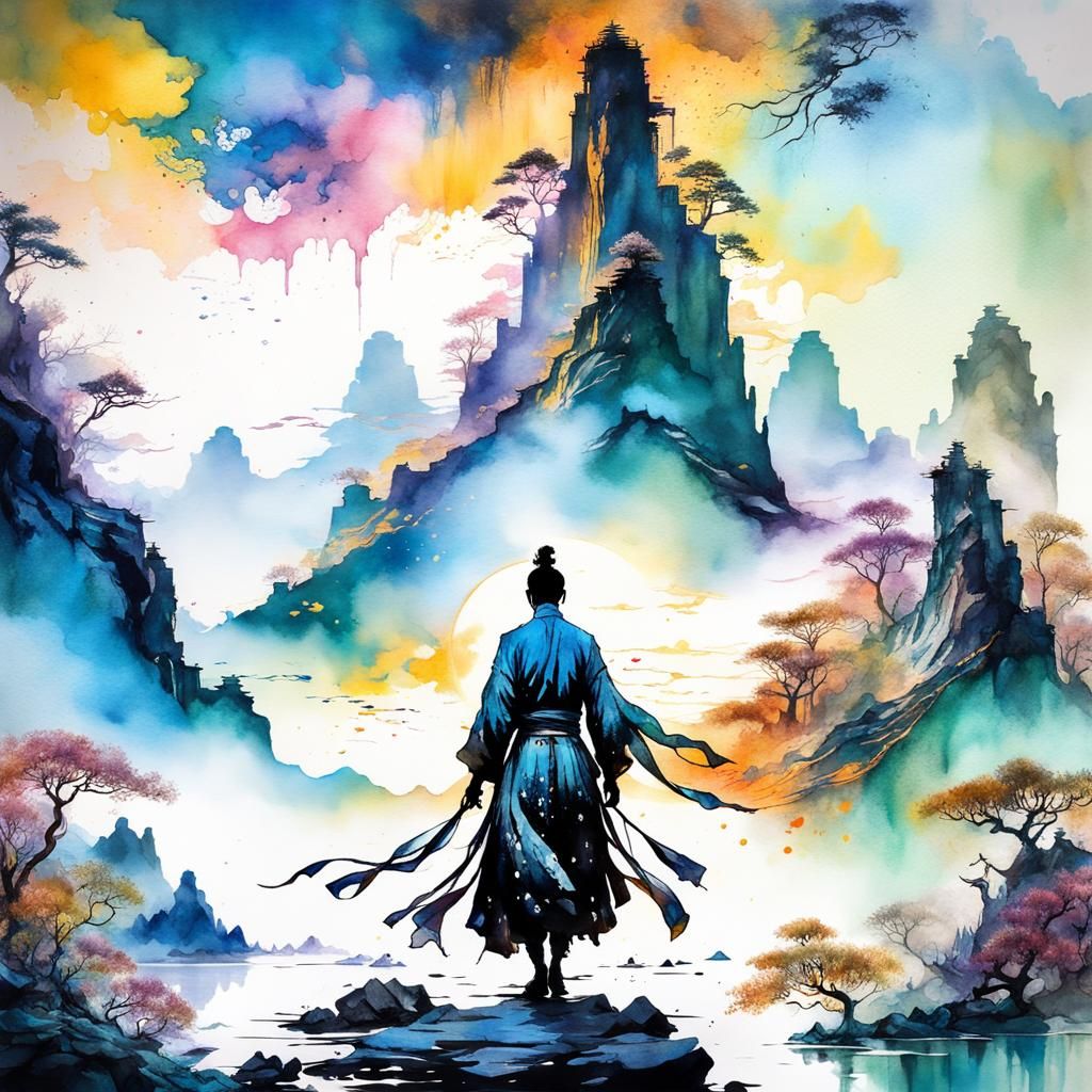 Silhouette with Chinese Culture in Watercolor Style