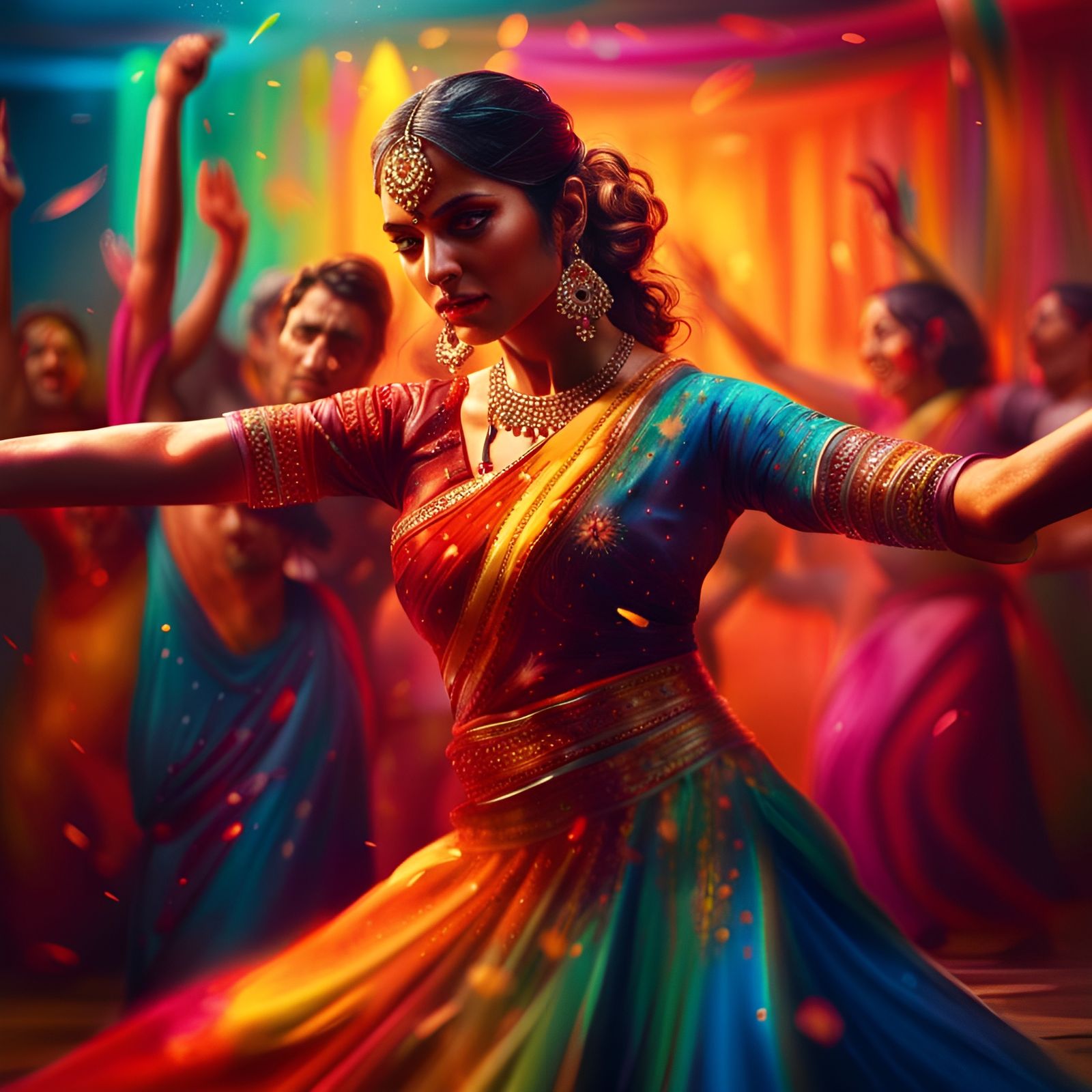 Hyperrealistic Bollywood Dance Scene in Splash Art Style