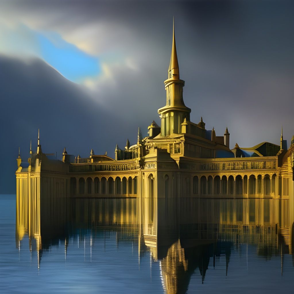 Blue Castle Water Reflection: Cinematic Digital Painting