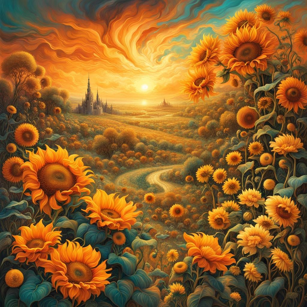 Golden Sunflowers Field at Sunset, Fantasy Matte Painting