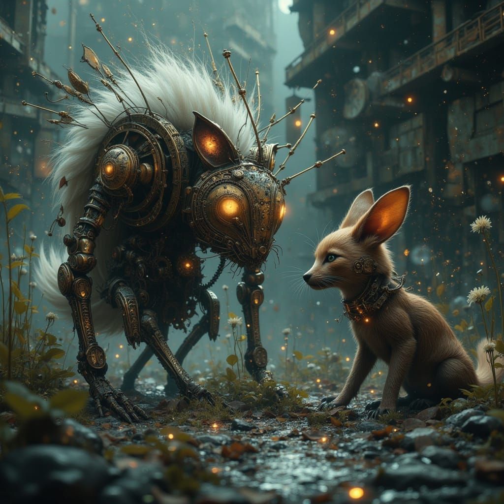 Kitsune and Clockwork Automaton in Steampunk World