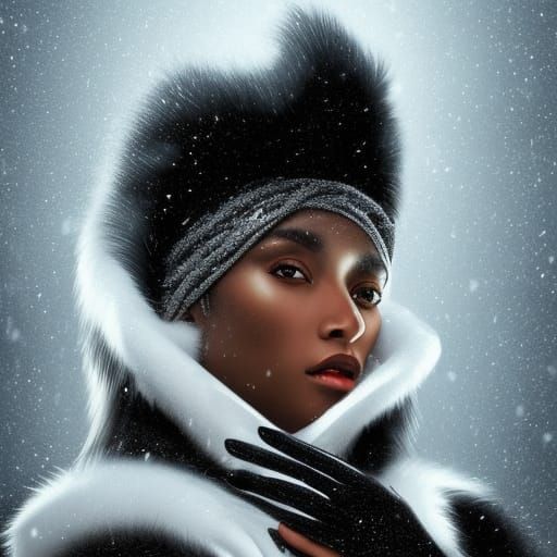High Fashion Model in Snowy City, Detailed Portrait