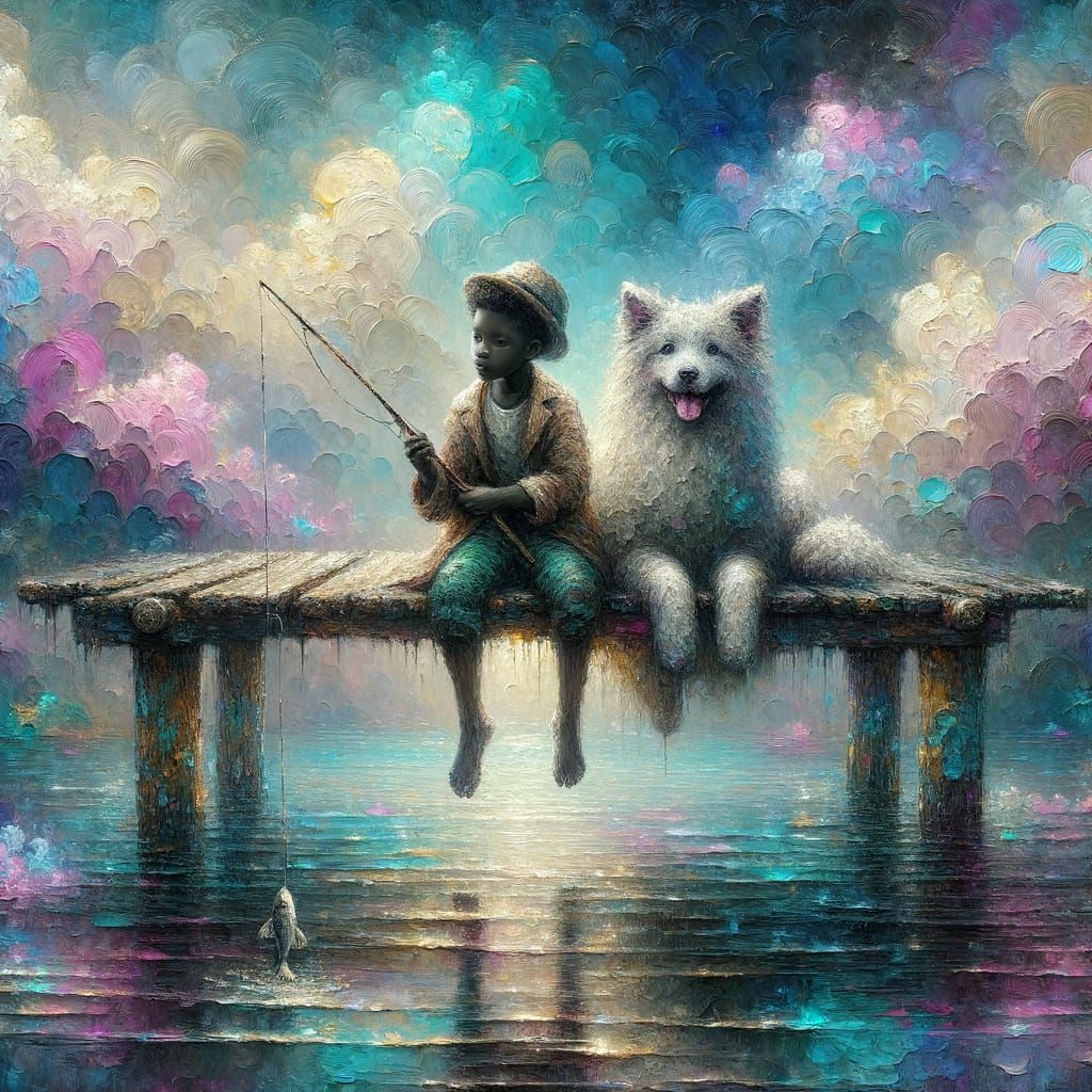 Boy and Sheepdog Fishing on Pier in Surreal Style