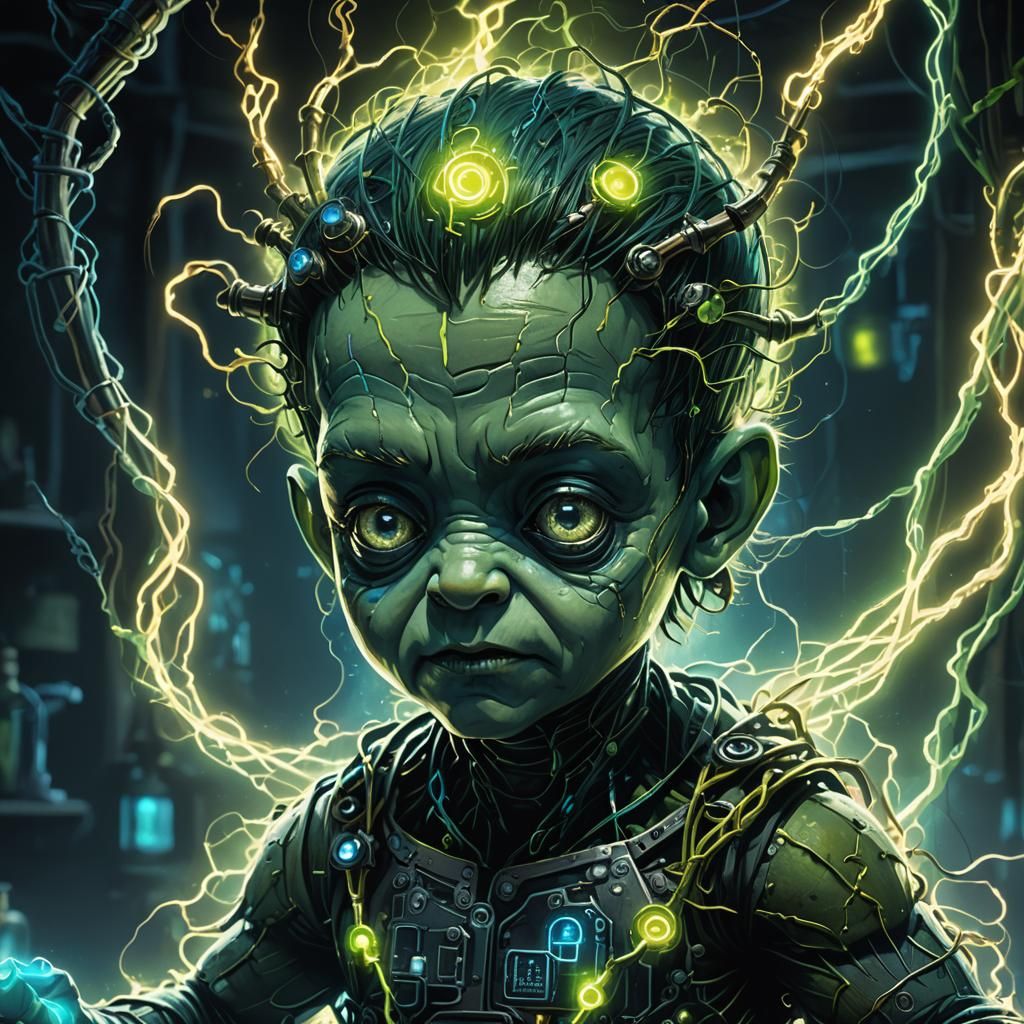 Bioluminescent Frankenstein Baby in Dark Lab