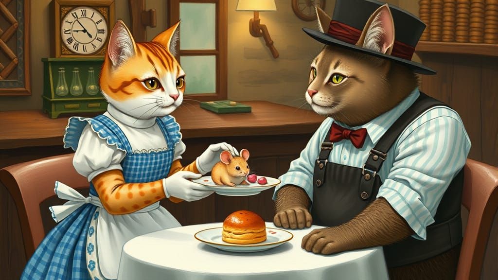 Whimsical Cat Waitress in Traditional Bavarian Tavern