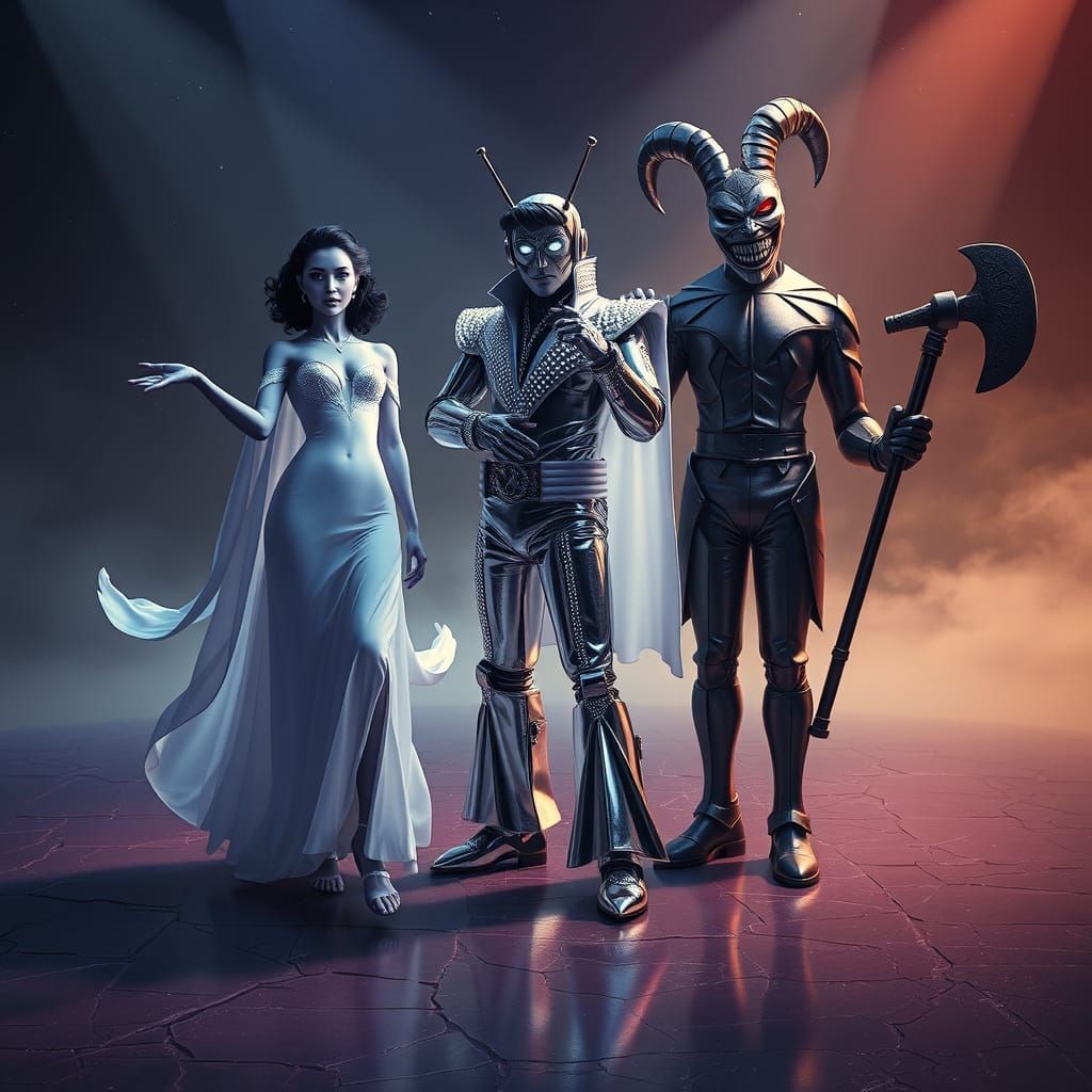 Surreal Cosmic Gathering in Dreamlike Stage Setting