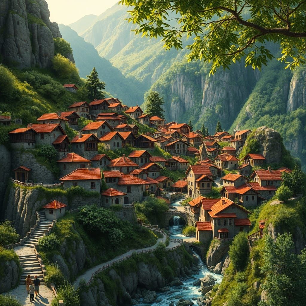 Serenely Crafted Village on Majestic Mountain Slope