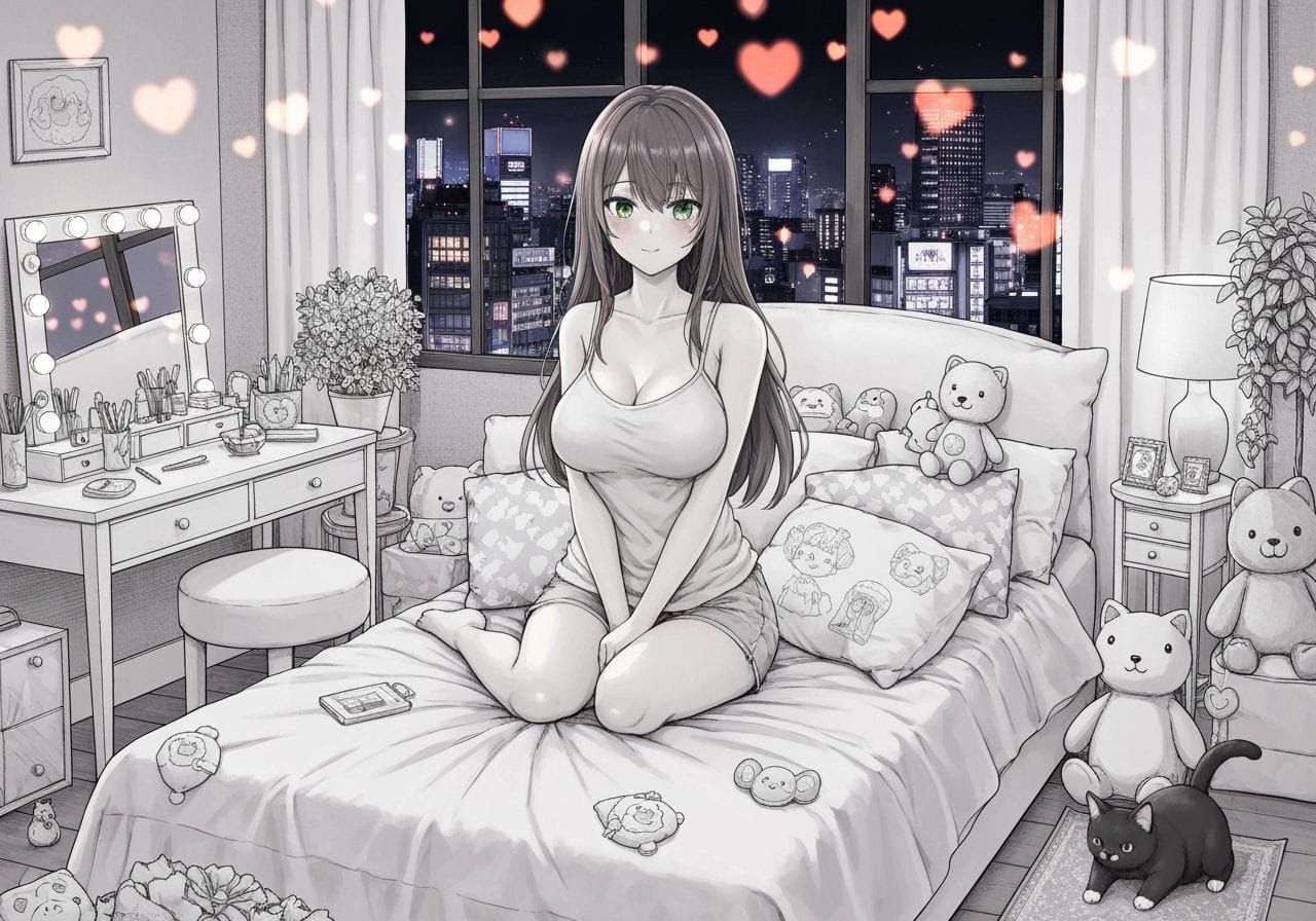 Kawaii Manga: Woman in Tokyo Bedroom at Night