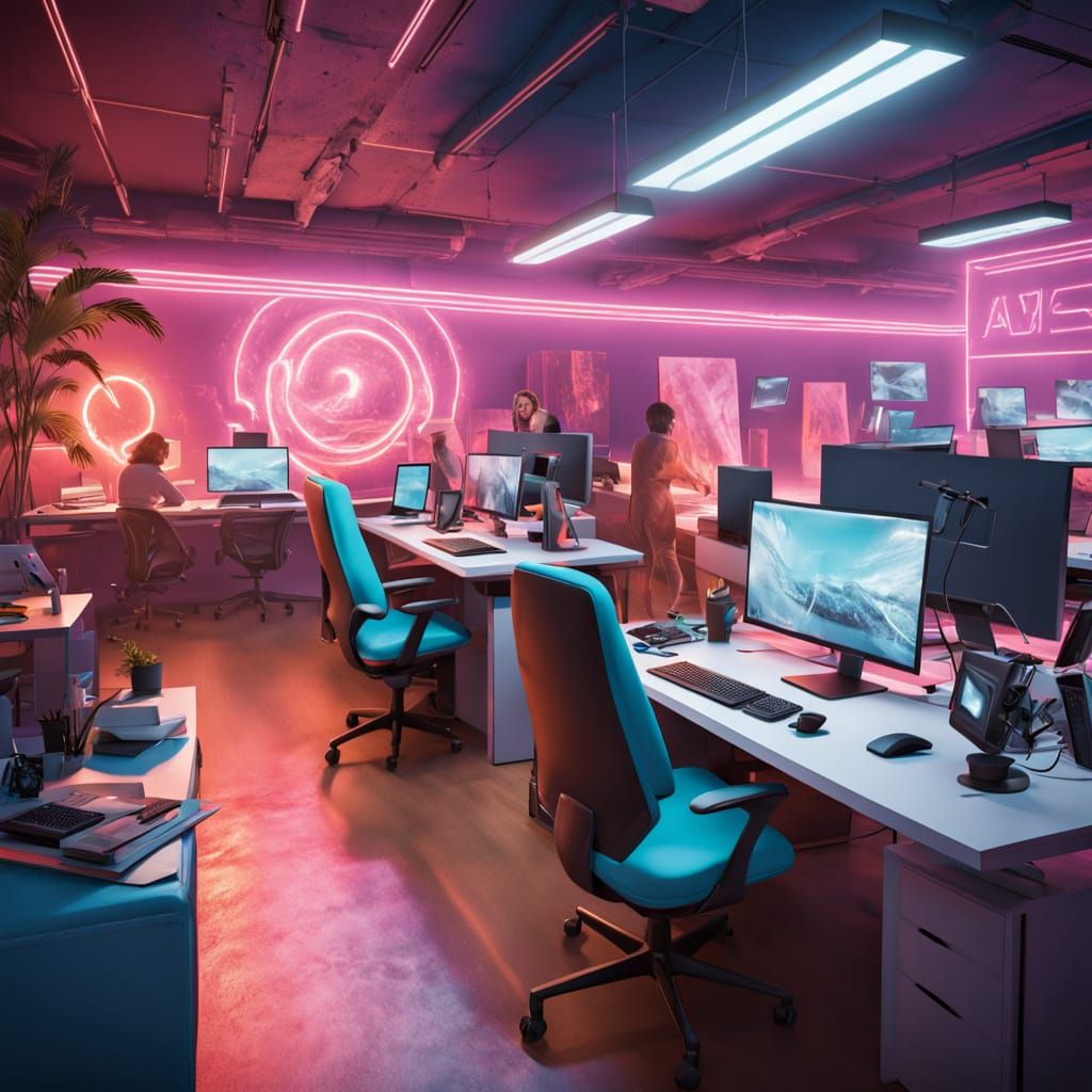 Modern Newsroom in Cyberpunk Aesthetic