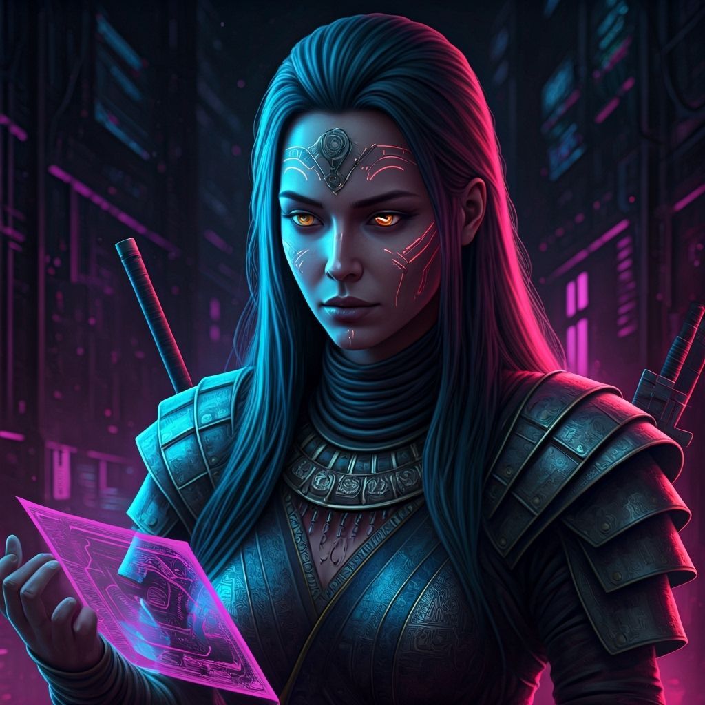 Cyberpunk Amazon Warrior Hacker in Neon Data Haven