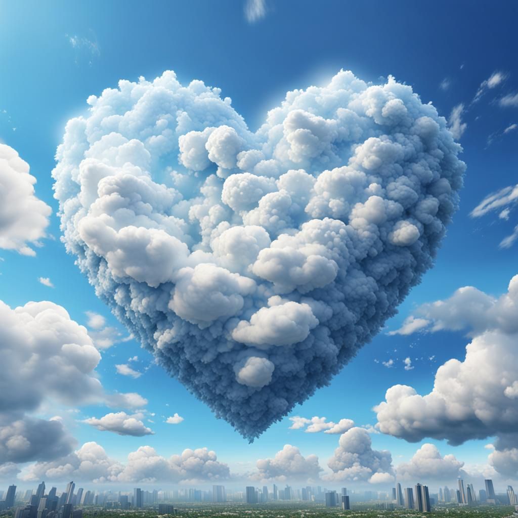 Heart-Shaped Clouds in Blue Sky: Fantasy Art