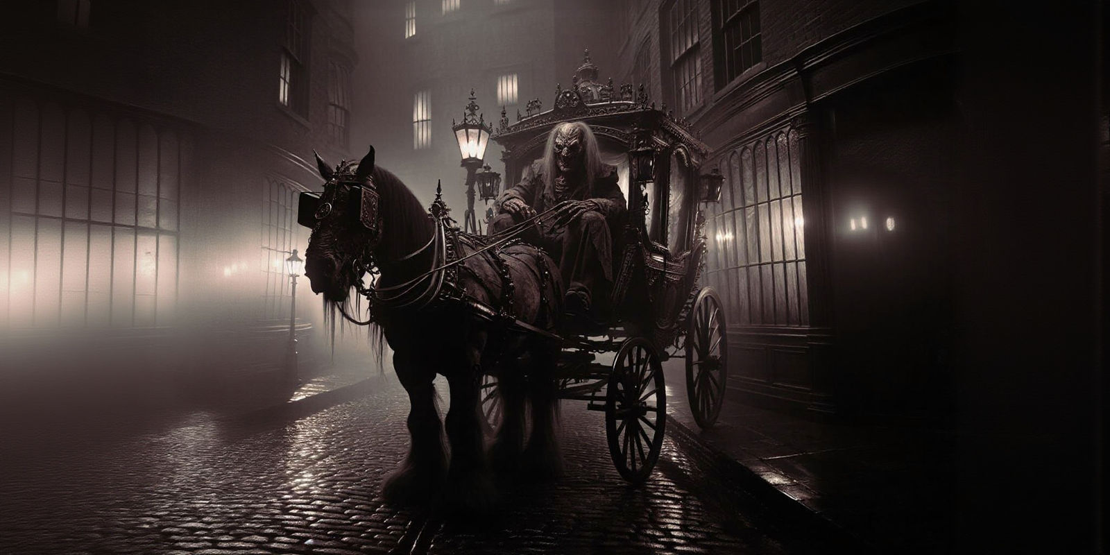 Menacing Figure in Victorian Carriage at Night