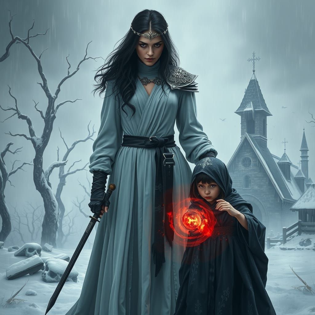 Woman Warrior Shields Girl in Apocalyptic Winter