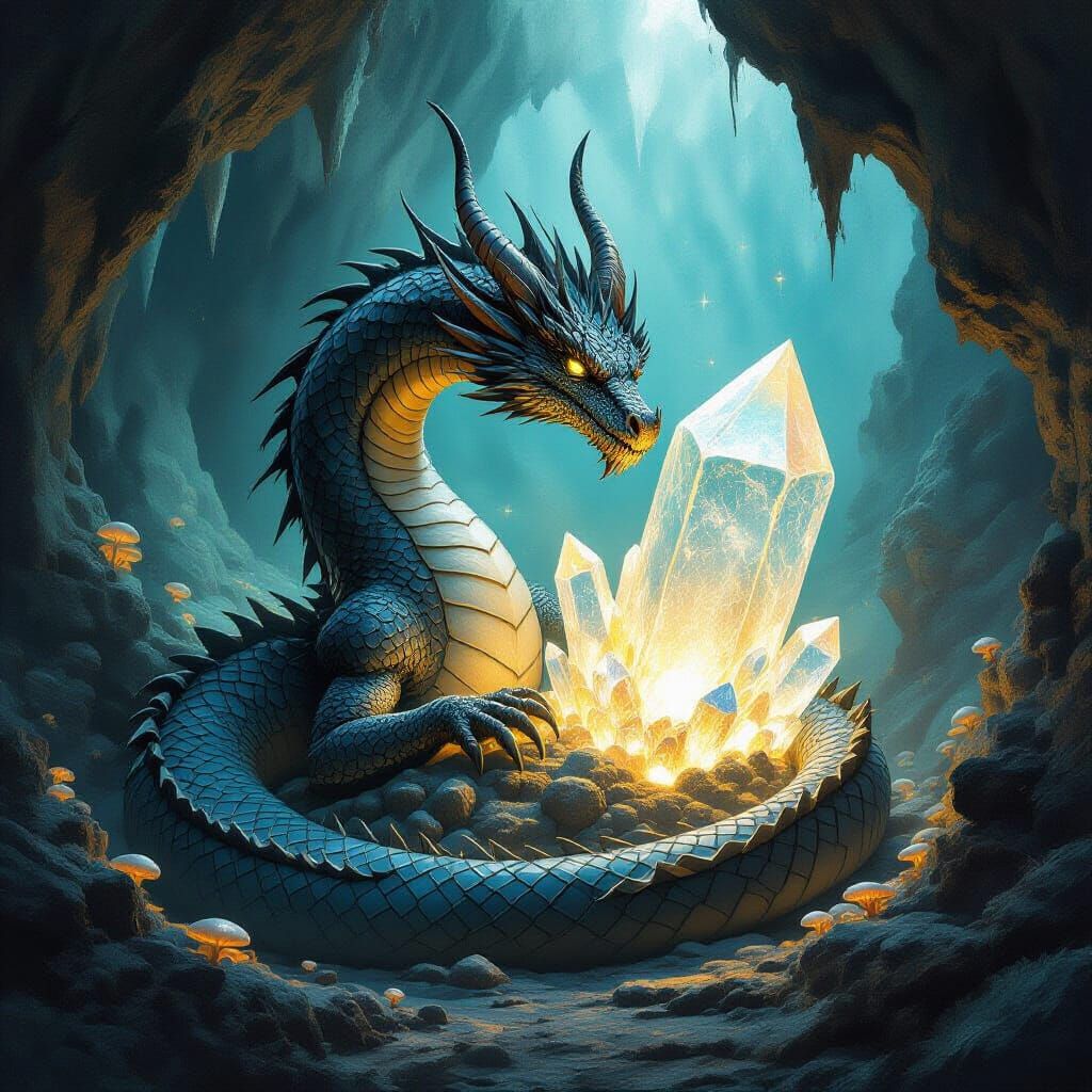 Ancient Obsidian Dragon Coiled Around Glowing Crystal in Fun...