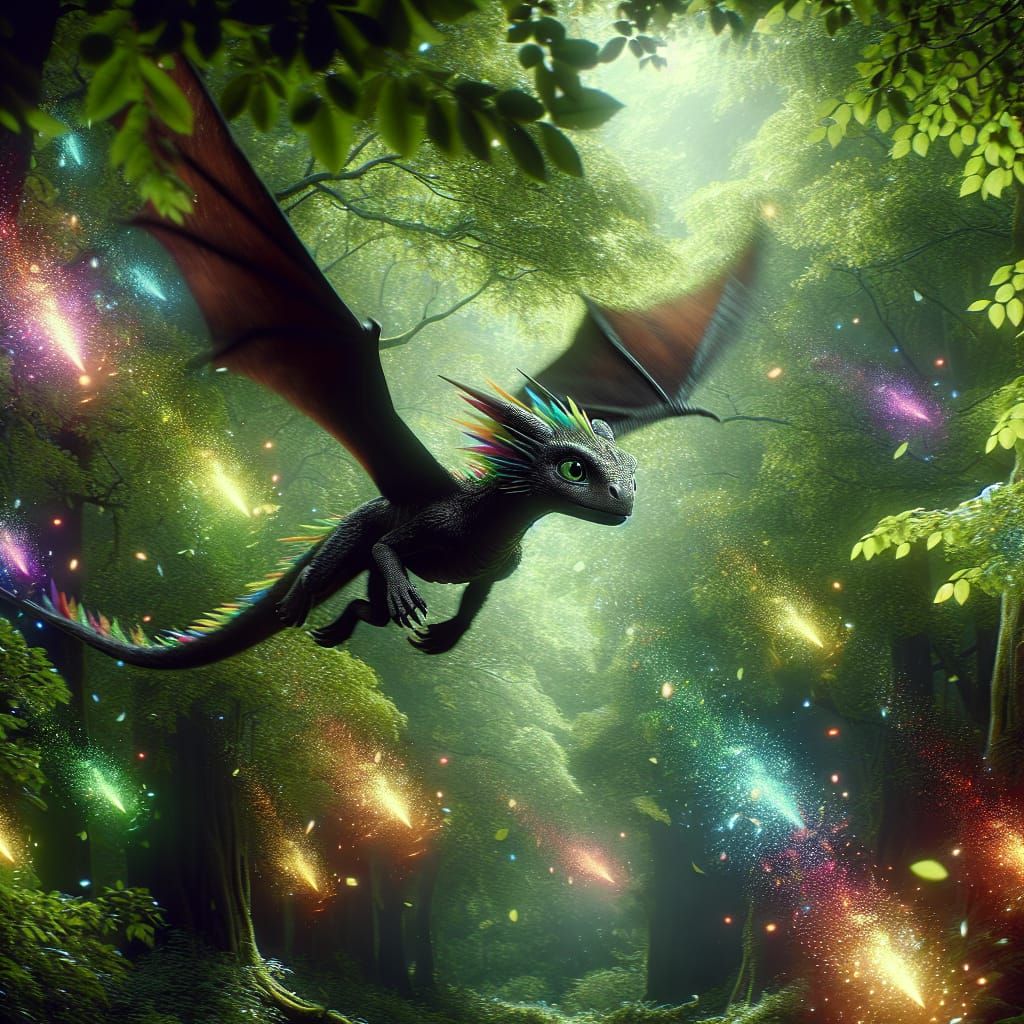Rainbow-Eyed Dragon Gliding Through Forest Canopy