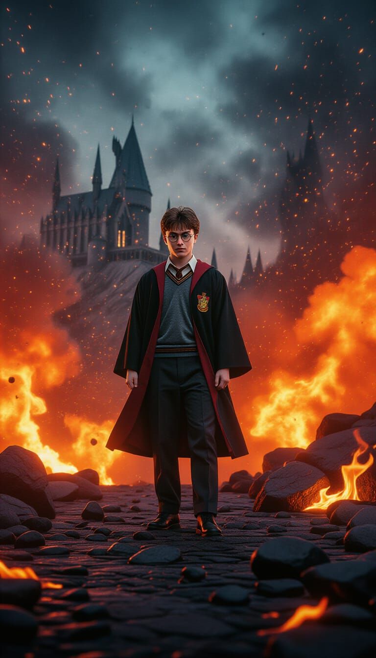 Harry Potter in Exploding Lava: A Hyperrealistic Scene