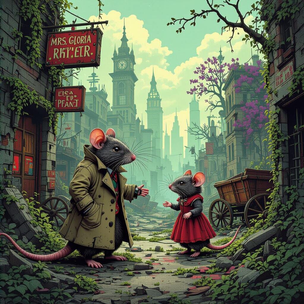Rat Detective Meets Mrs. Ratt in Ruined City, Comic Style
