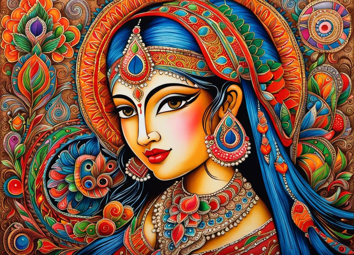 Vibrant Madhubani Painting in Indian Folk Art Style