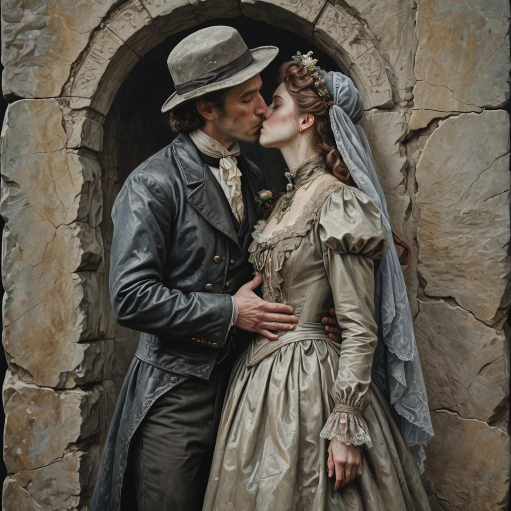 Victorian Couple's Passionate Kiss by Monolith