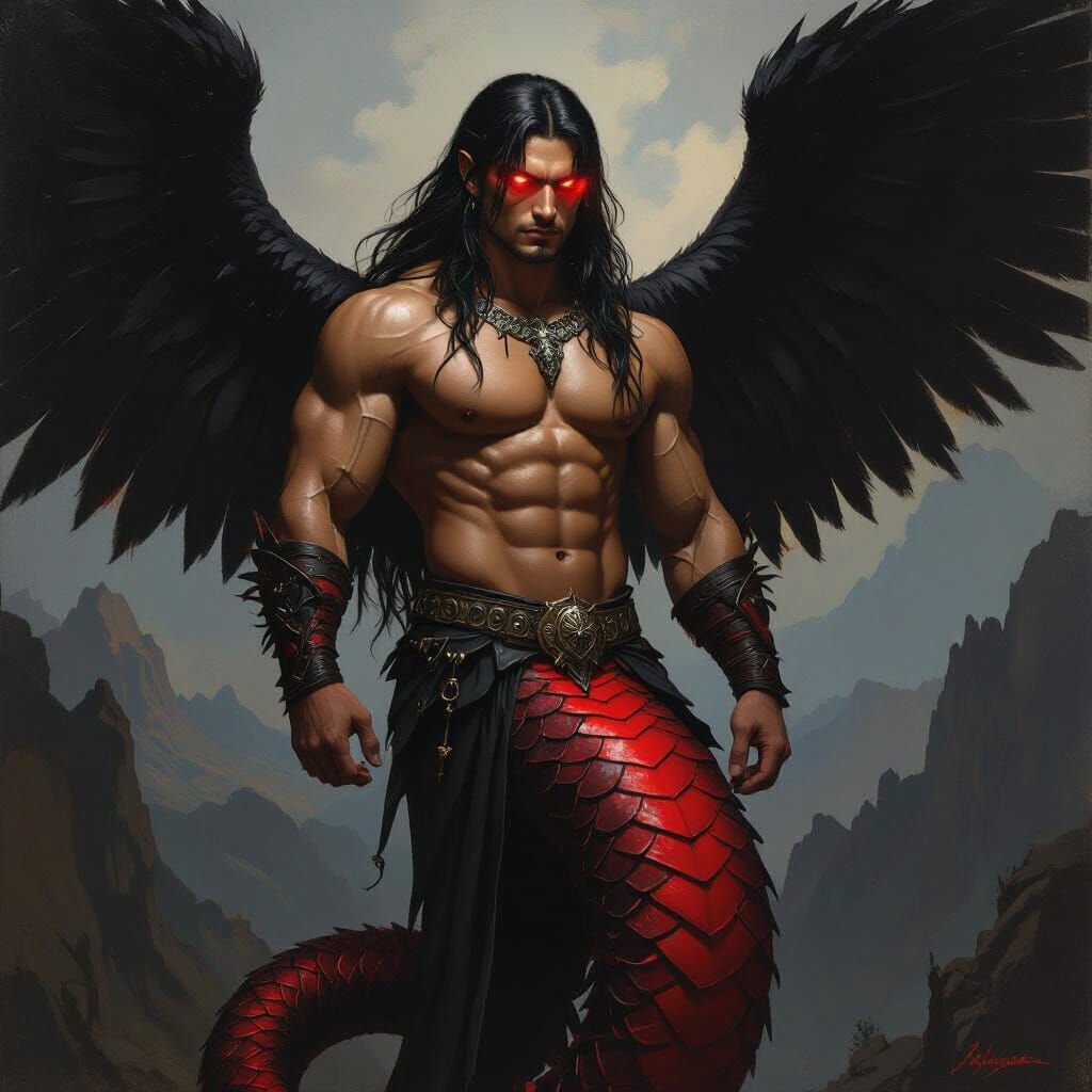 Scarlet Serpent Warrior in Tenebrism Style