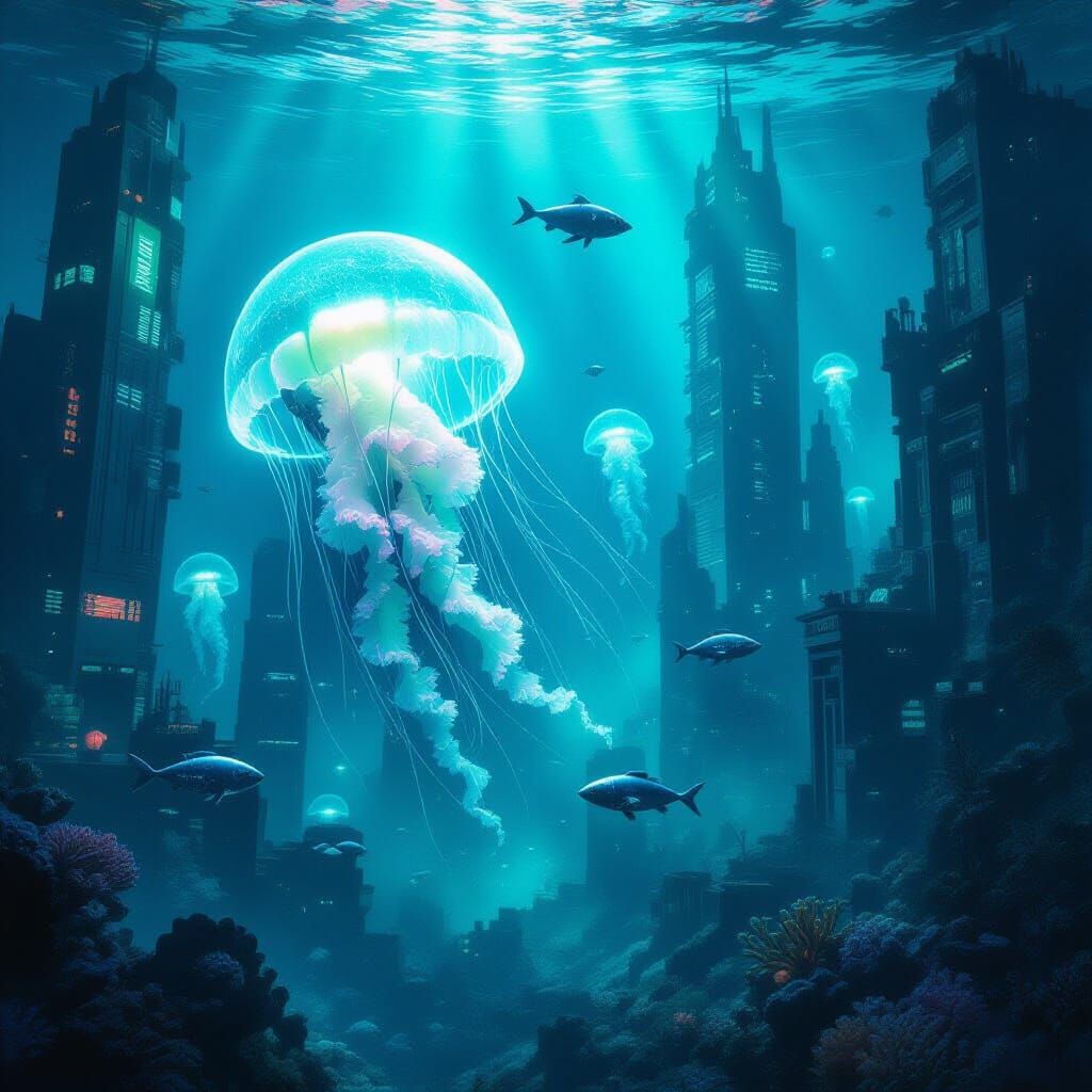 Bioluminescent Jellyfish in Underwater City Ruins