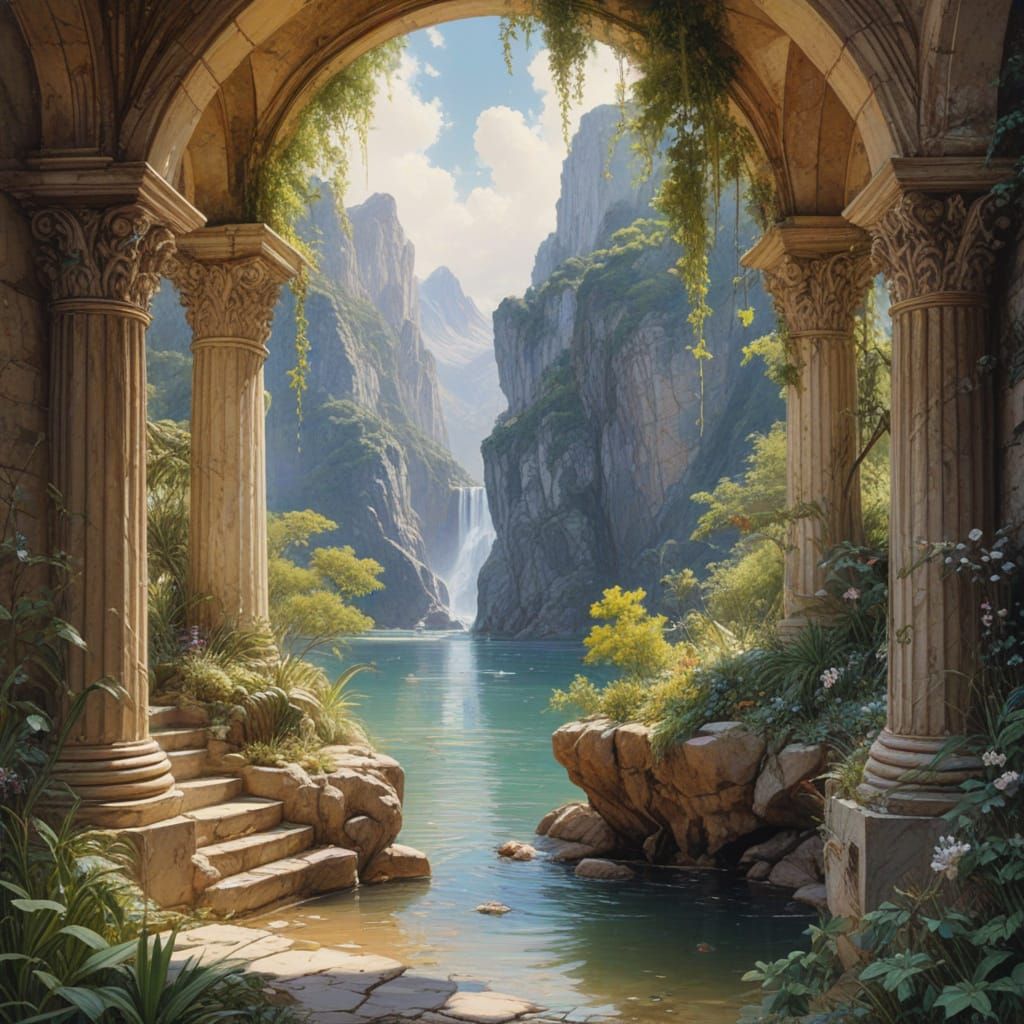 Shimmering Heavenly Landscape with Marble Architecture