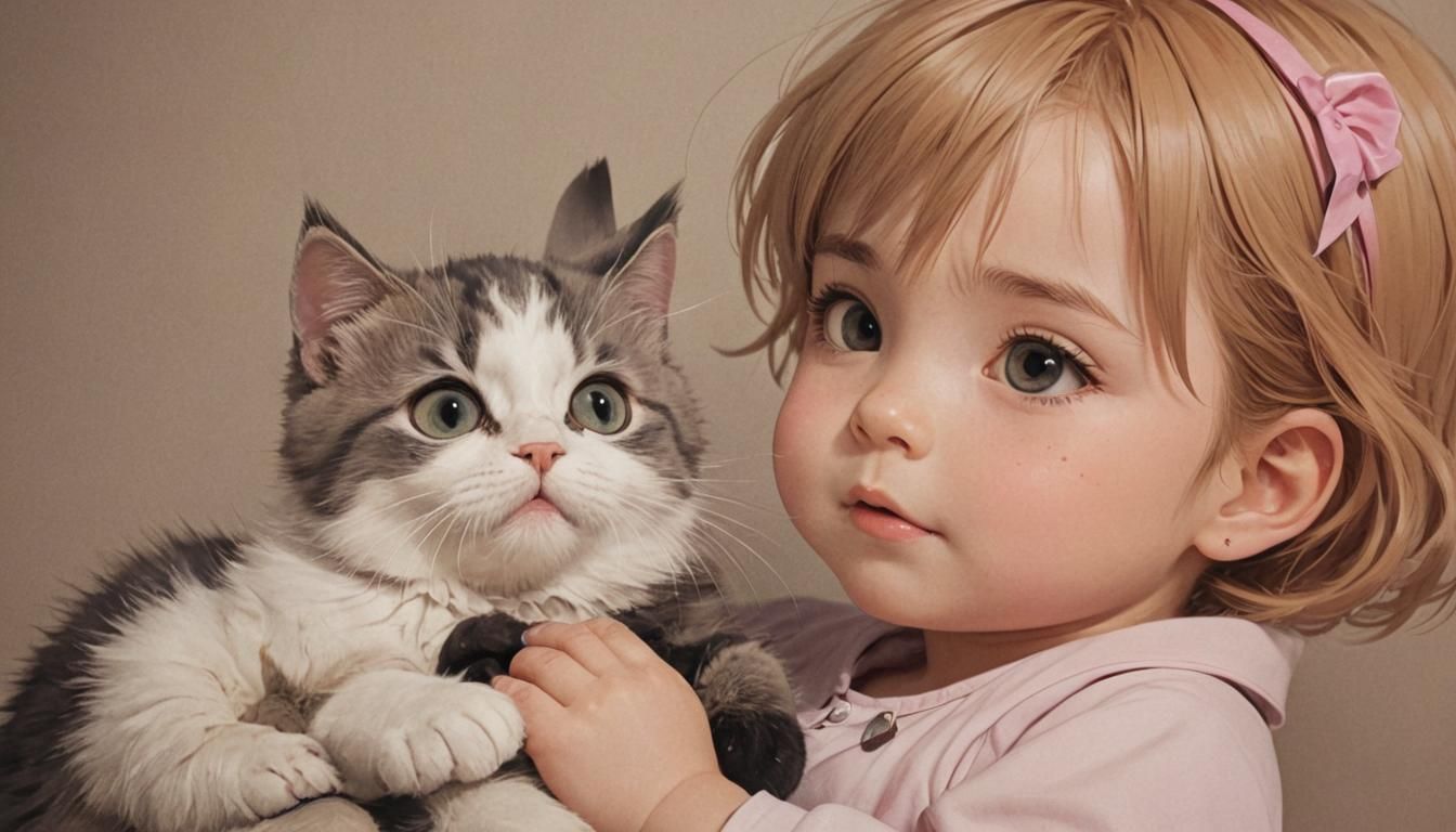 Sweet Baby Girl with Cat in Anime Style