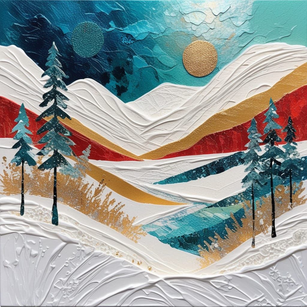Impressionist Snowy Landscape in Acrylic and Mixed Media