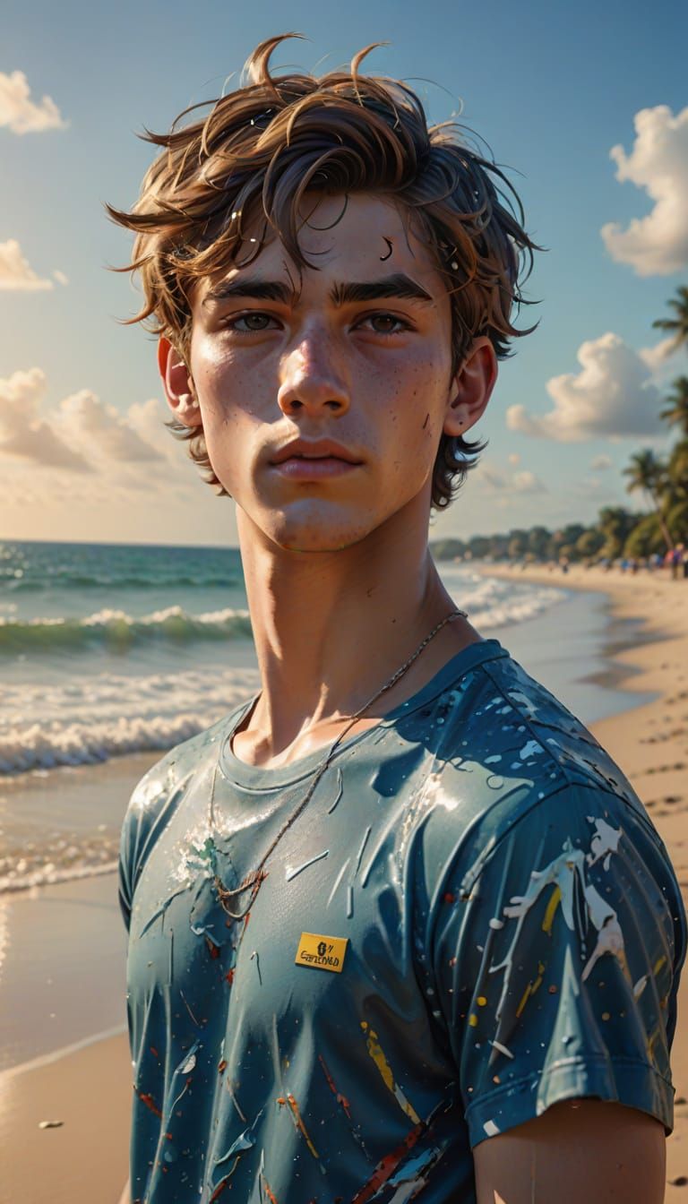 20 yo twink posing, beach, hyperdetailed photography, Hyperr...