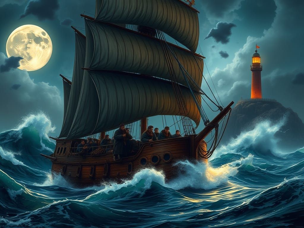 Majestic Medieval Ship Sails Under Full Moon