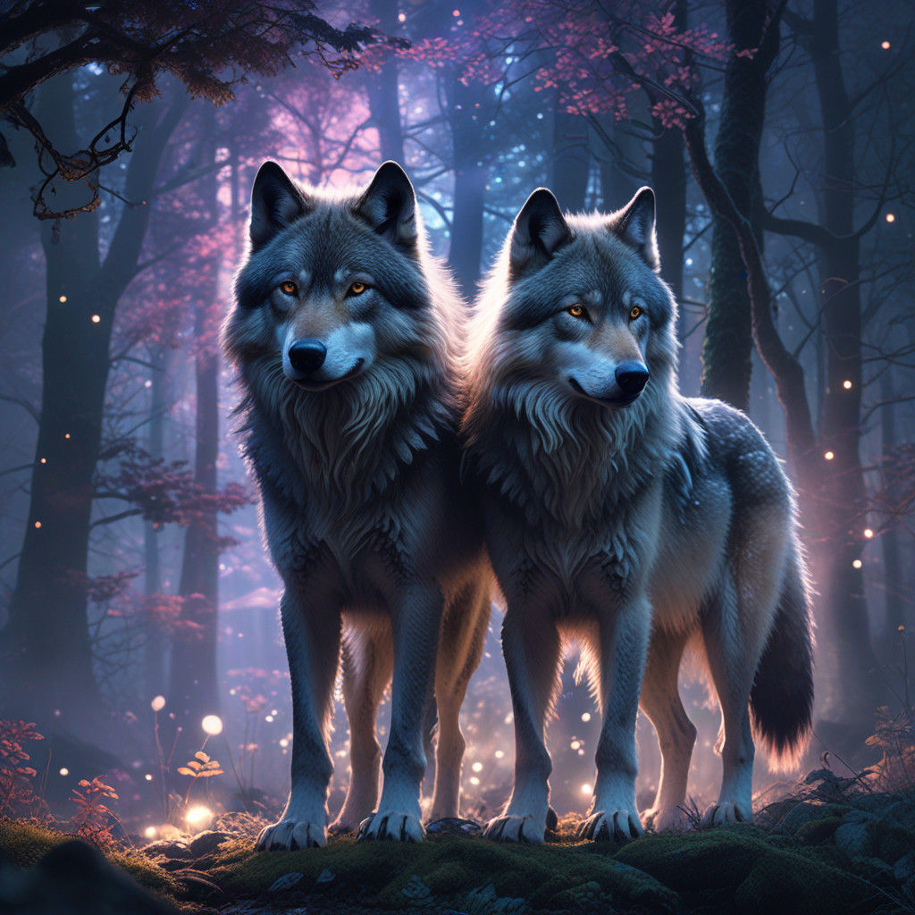 Cosmic Wolves in Vibrant, Magical Landscape