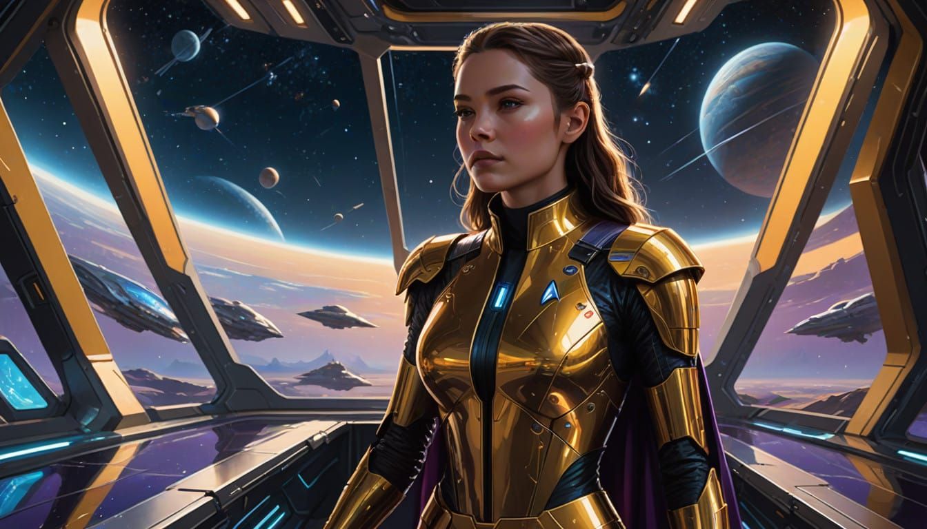 Dazzling Starfleet Cadet in Royal Gold Uniform with Flowing....