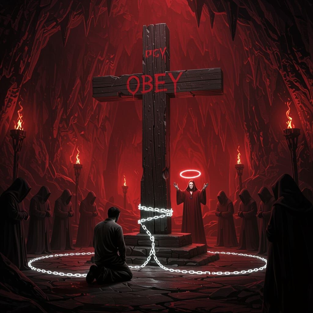 Crimson Shadows in Subterranean Cavern with Wooden Cross