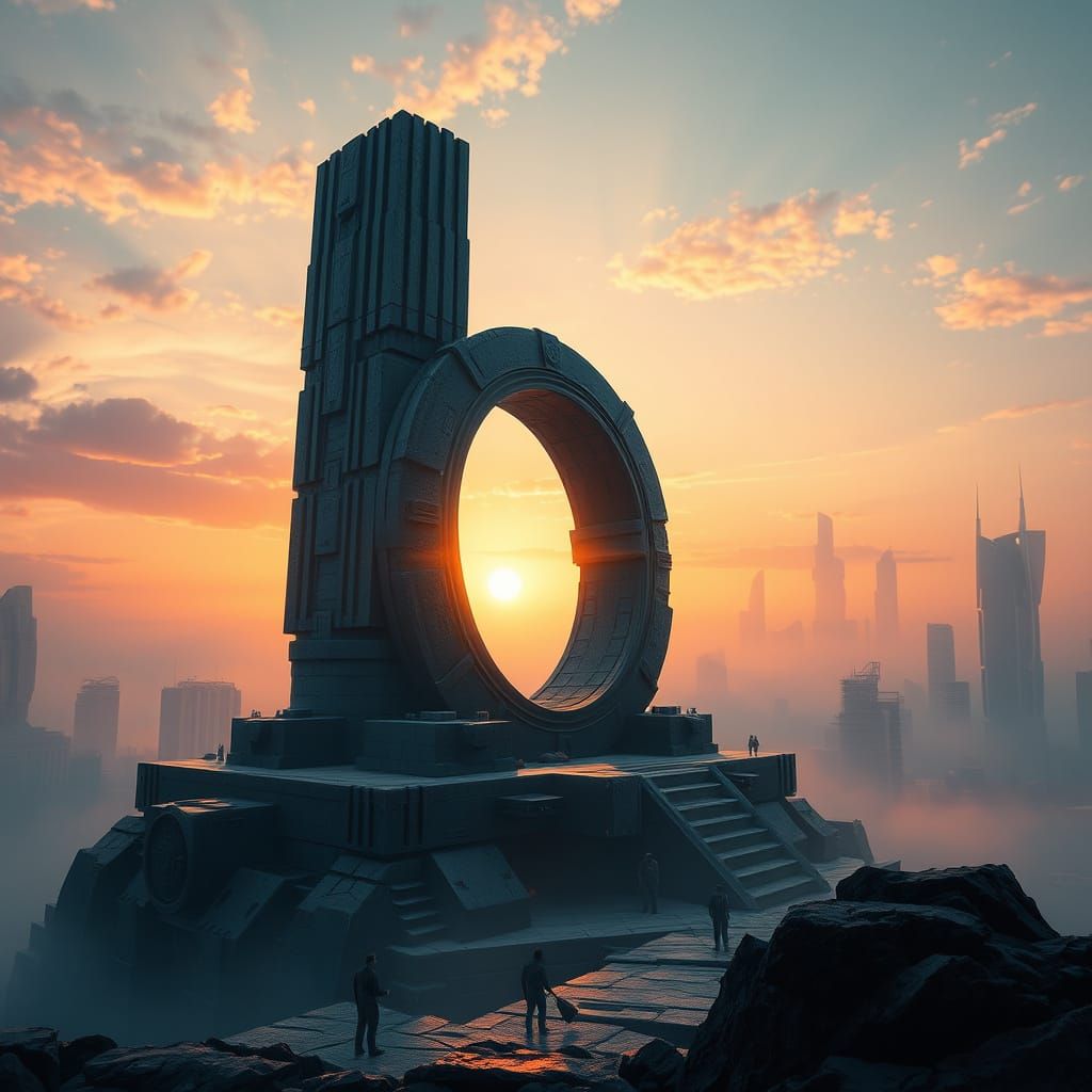 Ancient Alien Portal Stands Amidst Vibrant Cityscape at Suns...